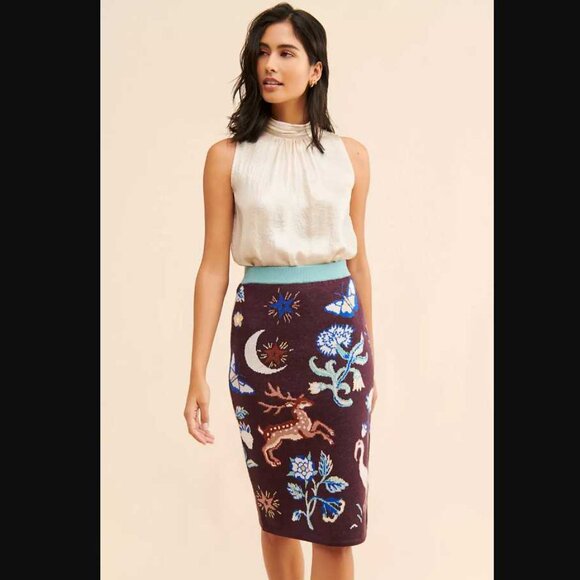 XL Anthropologie forest animal friends slim sweater knit skirt - Picture 2 of 11